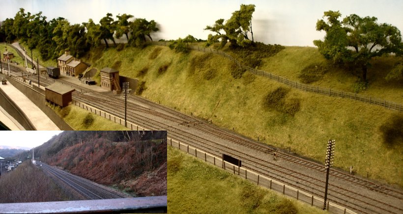 Eastwood P4 model railway layout. The view westwards down the full length of the layout then and now