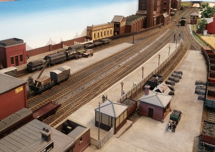 Eccleston LYR P4 model railway: looking down the full length of the layout from the buffer stops