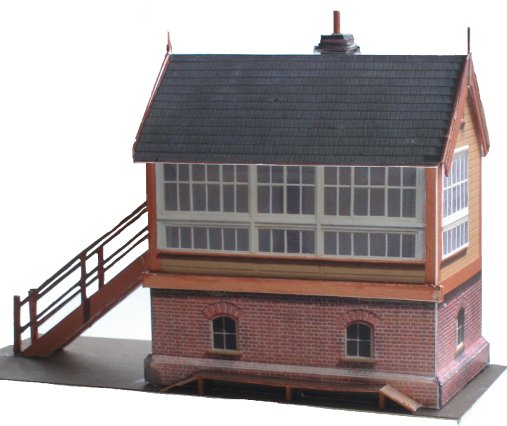 Three quarters view of LYR 4mm scale Size 6 brick based signal box in LYR colours