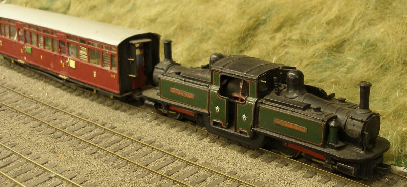 GEM Mark II 5.5mm Festiniog Railway Double Fairlie kit 'Earl of Merioneth' as built by Merfyn Jones, and Car 105 as scratch built by Steve Sullivan in plasticard and running on GEM bogies.