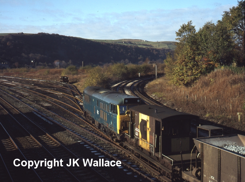 Brush Type 2 31290 enters the engineering sidings at Hall Royd Junction with a Permanent Way train on 12 November 1980