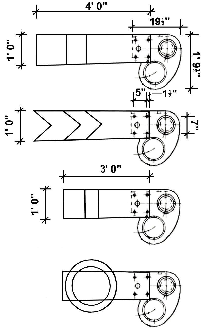 GWR folded edge signals: dimensioned drawings for Home, Distant, Shunting and Subsidiary (ringed) arms including blade and spectacle plate