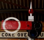 GWR ribbed shunting arm with white circle as displayed at Mangapps Farm Railway Museum, January 2015.