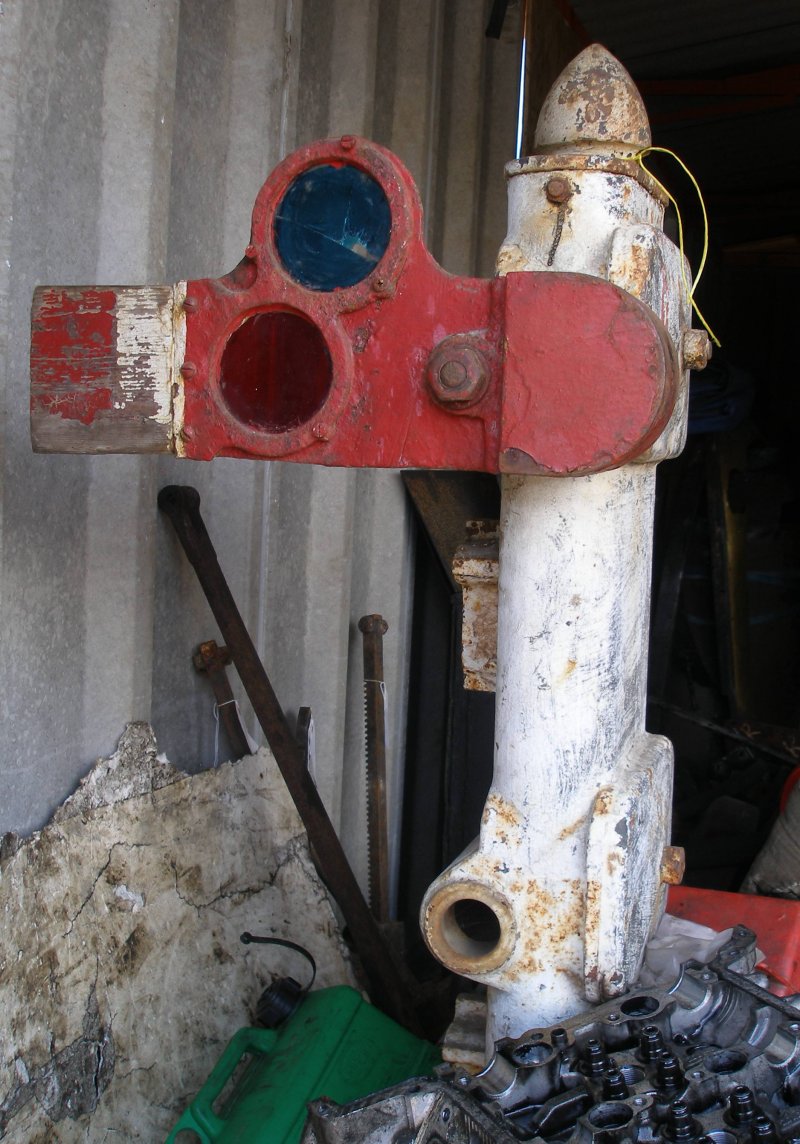 Front view L&YR 2-arm low pressure pneumatic ground signal as seen in store at Llanuwchllyn 16 July 2015