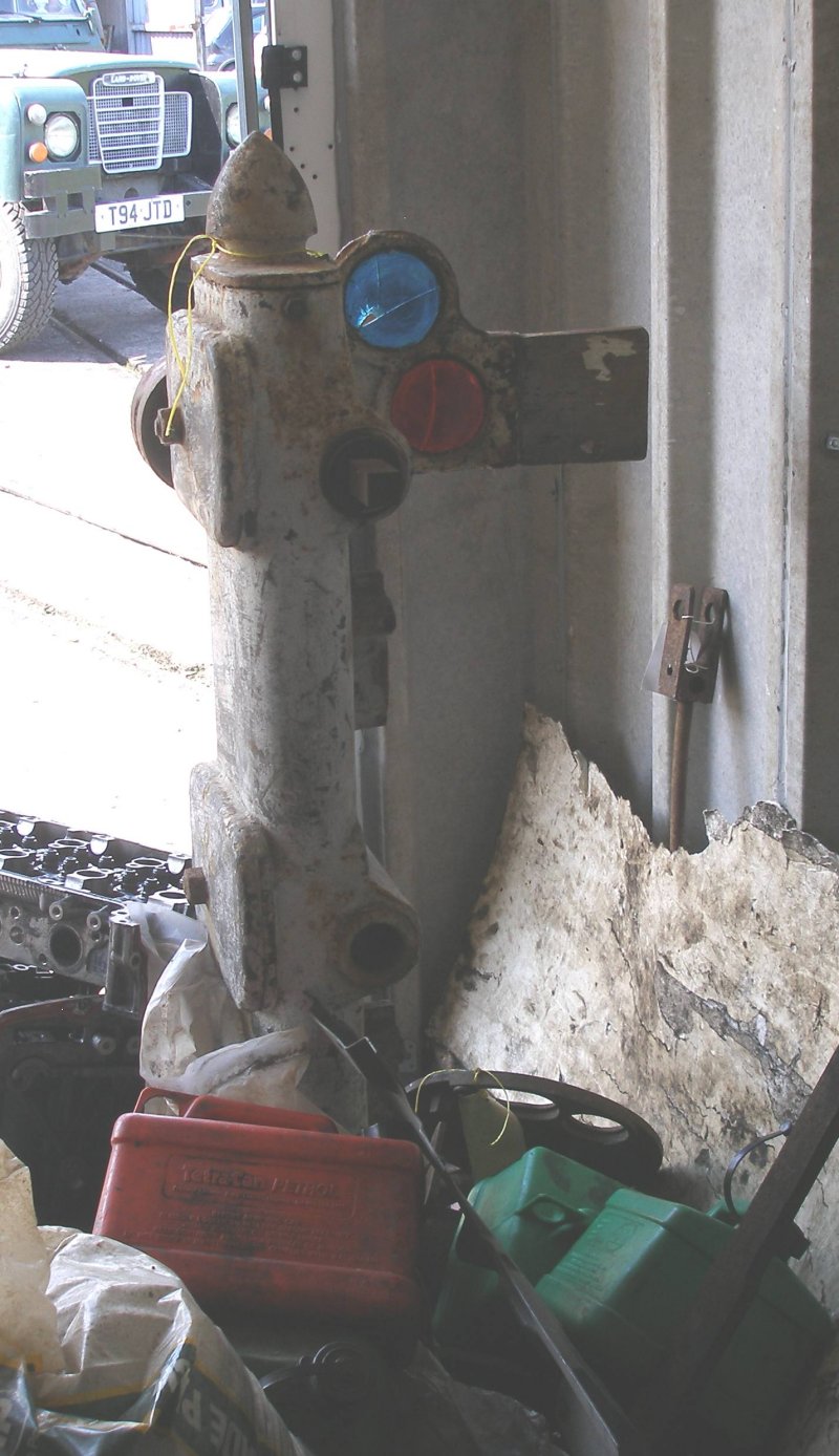 Rear of L&YR 2-arm low pressure pneumatic ground signal as seen in store at Llanuwchllyn 16 July 2015