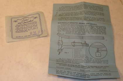 Back of Hornby Dublo electric semaphore signal instruction sheet and Guarantee slip