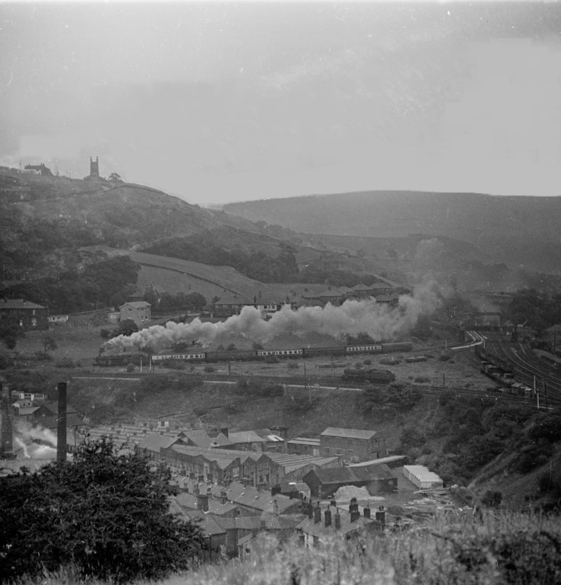 a Halifax – Blackpool North relief, having joined the East Lancs line at Hall Royd Junction in the background, is now approaching Stansfield Hall Junction. The photo was taken at 09.25 hrs on Saturday 16 September 1967