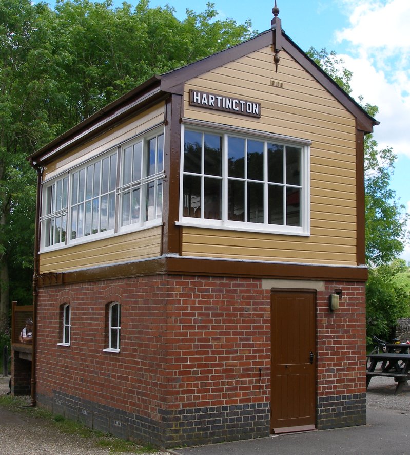 Preserved L&NWR signal box at Hartington on the Tissington Trail 8 June 2014 Three quarters front