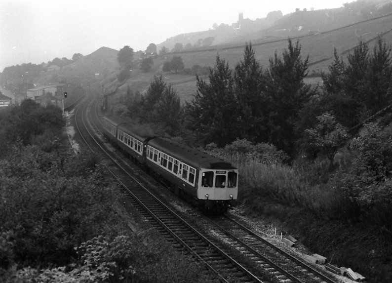 3-car Class 110 DMU in BR blue-and-grey livery  at Horsfall Tunnel with an eastbound service on 28 September 1983