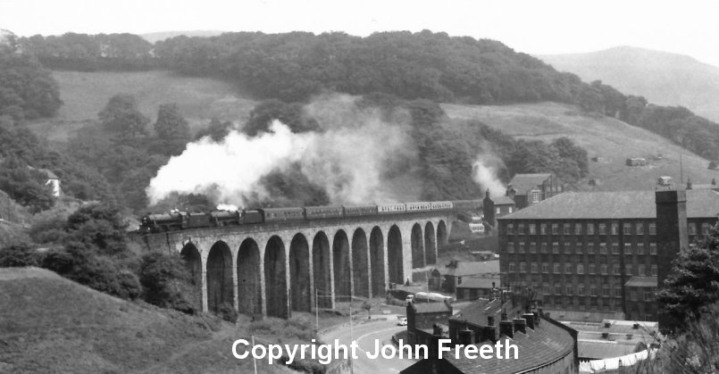 Sunday 4 August, 1968, Black Fives 44894 and 44871 (now preserved) double head 1Z78, a SLS Railtour from Birmingham to mark the end of steam on British Rail the previous day, over Lydgate Viaduct. Photographer and copyright John Freeth