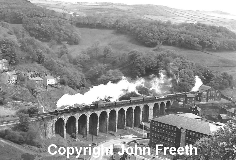 Black Five 44949 and Standard 5 73069 climb towards Copy Pit over Lydgate Viaduct with The Warwickshire Railway Society "North Western Steam Tour" from Coventry on Saturday 18 May 1968. Photographer and copyright John Freeth