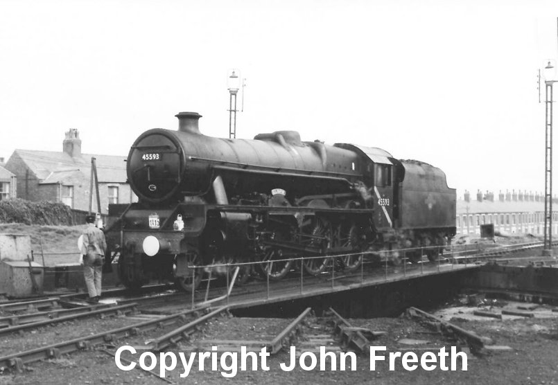 Jubilee 45593 Kolhapur (now preserved) is on the turntable at Blackpool North Shed on Easter Monday 27 March, 1967. It had arrived with an excursion (1X15) from Bradford and returned later the same day. Copyright John Freeth.