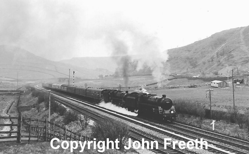 Standard 5s 73050 and 73069 approach the summit of Copy Pit on Saturday 27 April, 1968 with 1Z77 Manchester Rail Travel Society/Severn Valley Railway Society North West Steam railtour from Birmingham. Photographer and copyright John Freeth