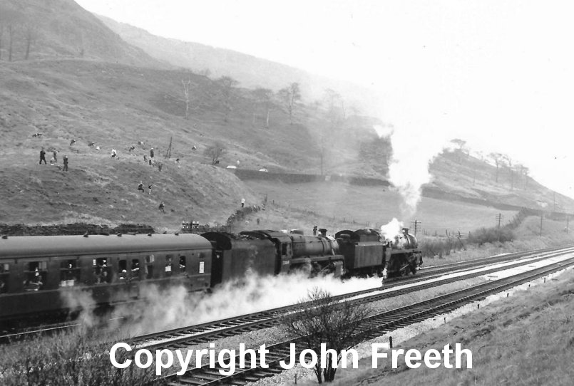 Standard 5s 73050 and 73069 approach the summit of Copy Pit on Saturday 27 April, 1968 with 1Z77 Manchester Rail Travel Society/Severn Valley Railway Society North West Steam railtour from Birmingham. Photographer and copyright John Freeth