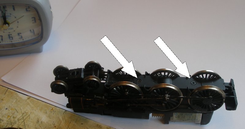 Bachmann Jubilee with Buelher motor conversion to DCC showing screws in keeper plate that have to be removed.
