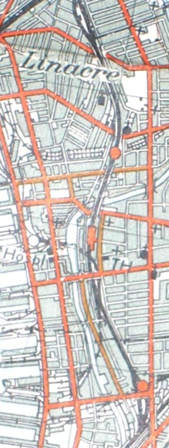 Section from the Ordnance Survey Map 1961 showing railway line from Bootle Oriel Road to Bank Hall railway station.