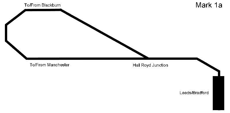 Hall Royd Junction model railway layout schematic showing original dumb-bell configuration with small storage yard