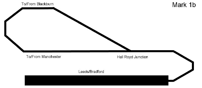 Hall Royd Junction model railway layout schematic showing original dumb-bell configuration with large storage yard