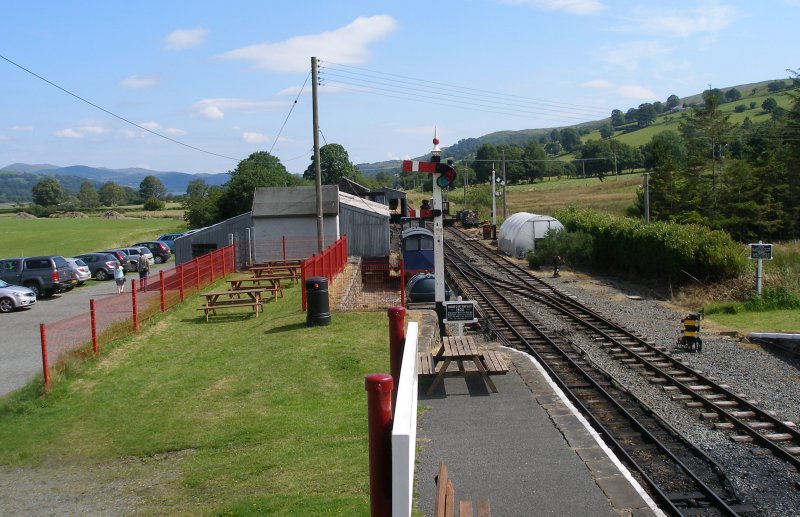 View from Llanuwchllyn Signal Box 16 July 2015 showing LYR 1889 signal (starter) and LYR 1912 signal (Home)