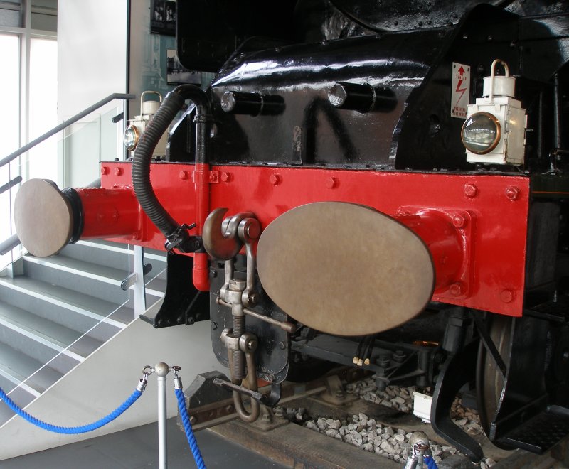 Stanier 'Coronation' Pacific 46235 'City of Birmingham' as seen in the ThinkTank Museum on 10 October 2015, showing the front coupling and AWS bang plate.