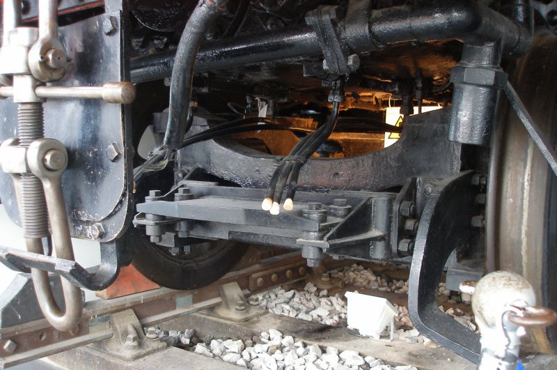 Stanier 'Coronation' Pacific 46235 'City of Birmingham' as seen in the ThinkTank Museum on 10 October 2015, showing the front coupling and AWS bang plate.