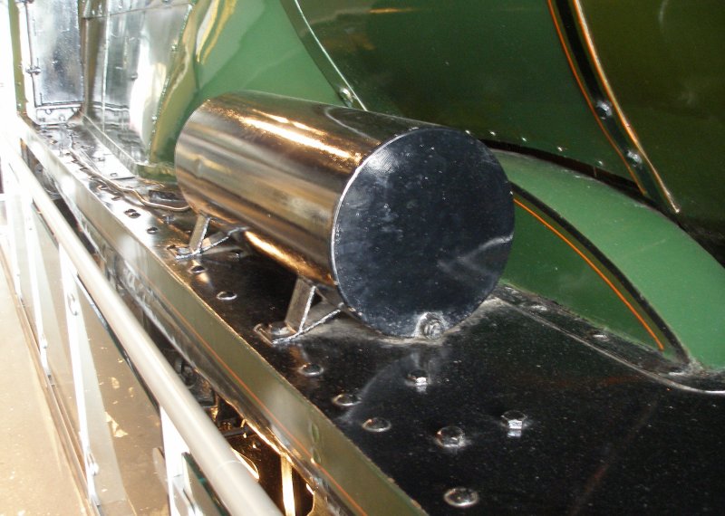 Stanier 'Coronation' Pacific 46235 'City of Birmingham' as seen in the ThinkTank Museum on 10 October 2015, showing AWS timing cylinder mounted on the fireman's side.