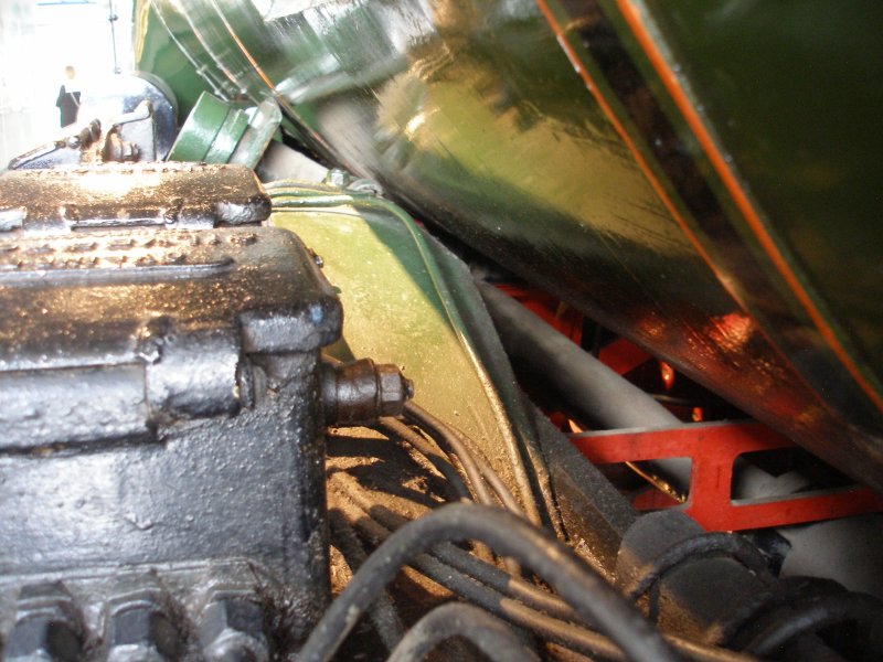 Stanier 'Coronation' Pacific 46235 'City of Birmingham' as seen in the ThinkTank Museum on 10 October 2015, showing the rear of the Silvertown lubricators on the fireman's side. 