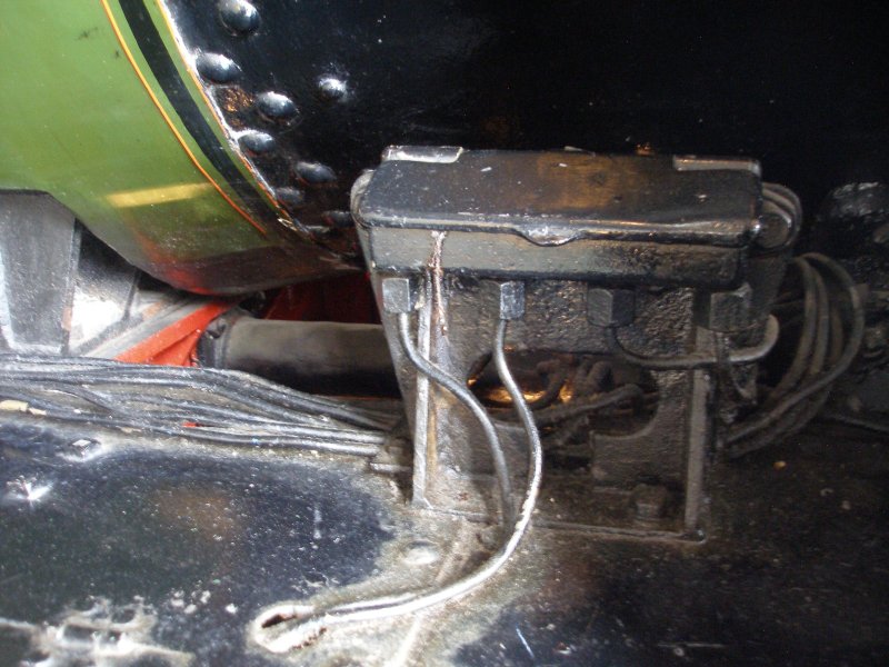 Stanier 'Coronation' Pacific 46235 'City of Birmingham' as seen in the ThinkTank Museum on 10 October 2015, showing the displacement lubricators on the fireman's side, under the smokebox. 