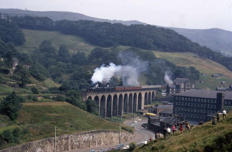 Lydgate Viaduct with 44871 and 44894 with one of the Last Day of Steam excursions on 4 August 1966.