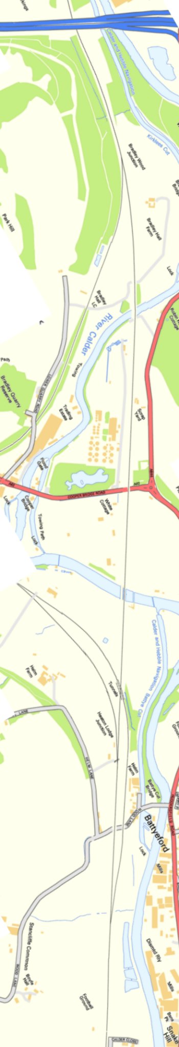 Section from Ordnance Survey OpenSource mapping 2013 showing L&YR railway line from M62 viaduct to Bradley Fold Junction