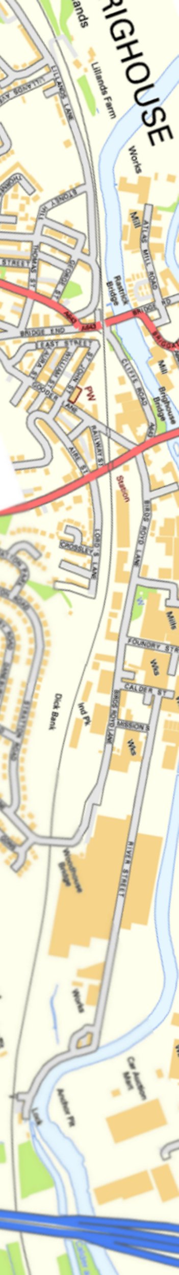 Section from Ordnance Survey OpenSource mapping 2013 showing L&YR railway line Brighouse to Anchor Pit and M62 viaduct