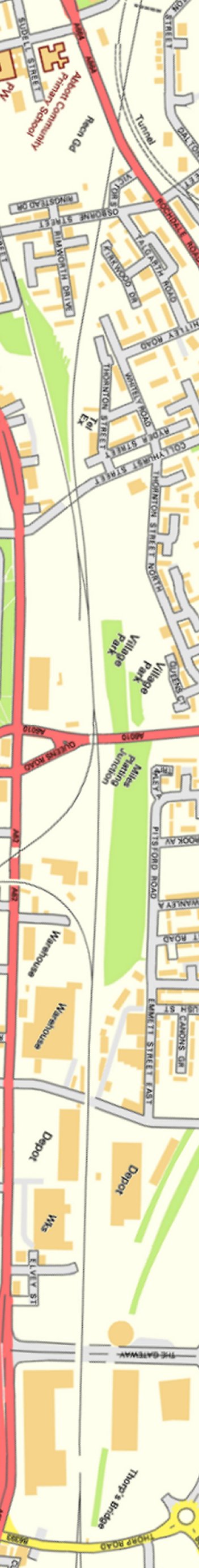 Section from Ordnance Survey OpenSource mapping 2013 showing L&YR railway line from Bromley Street Manchester - Newton Heath
