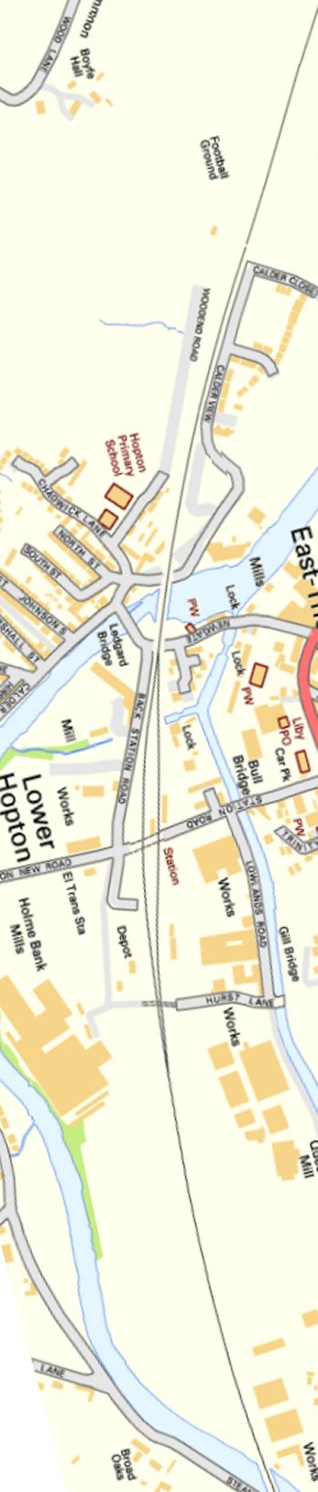 Section from Ordnance Survey OpenSource mapping 2013 showing L&YR railway line from Mirfield Station to 'Calder View'.