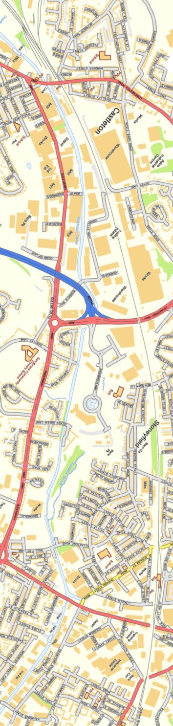 Section from Ordnance Survey OpenSource mapping 2013 showing L&YR railway line from Castlteton to Rochdale