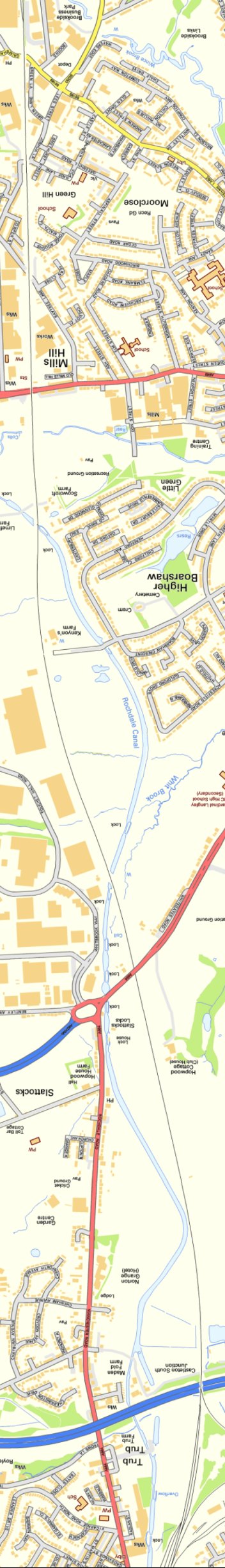 Section from Ordnance Survey OpenSource mapping 2013 showing L&YR railway line from Baytree Lane bridge to Castleton South JUnction (M62 bridge)