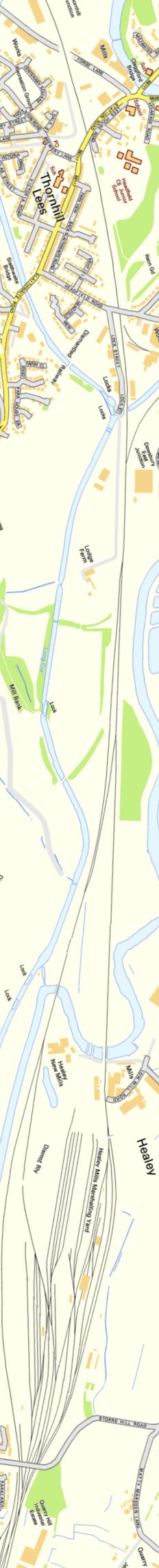 Section from Ordnance Survey OpenSource mapping 2013 showing L&YR railway line from Dewsbury to Healey Mills Yard