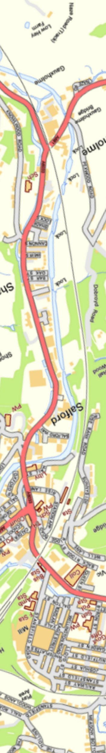 Section from Ordnance Survey OpenSource mapping 2013 showing L&YR railway line from Gauxholme Viaduct to Todmorden Railway Station