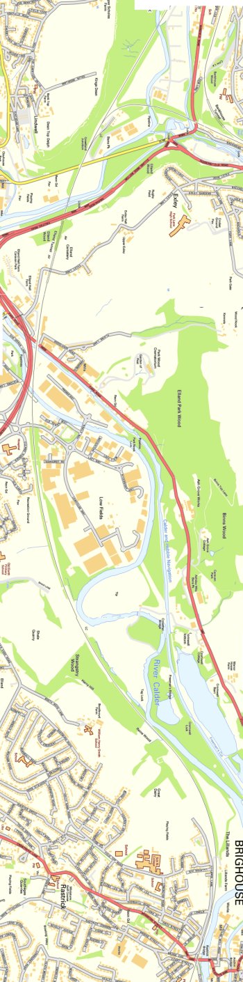 Section from Ordnance Survey OpenSource mapping 2013 showing L&YR railway line from Greetland Junction to Brighouse