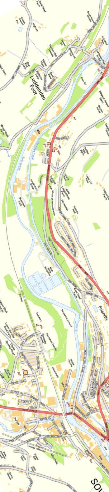 Section from Ordnance Survey OpenSource mapping 2013 showing L&YR railway line from Luddendenfoot to Sowerby Bridge