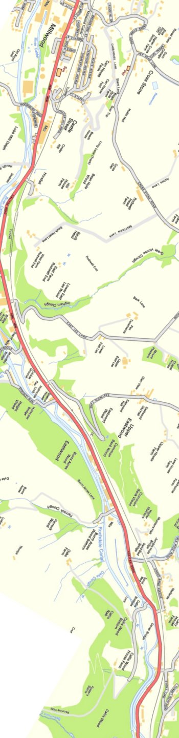Section from Ordnance Survey OpenSource 2013 showing L&YR railway line from Millwood Tunnel to Jumble Hole Lane bridge