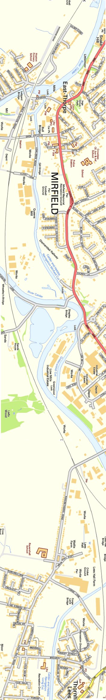 Section from Ordnance Survey OpenSource mapping 2013 showing L&YR railway line from Mirfield to Dewsbury