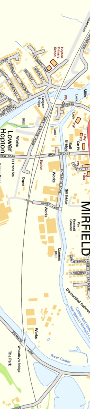 Section from Ordnance Survey OpenSource mapping 2013 showing L&YR railway line at Mirfield railway station