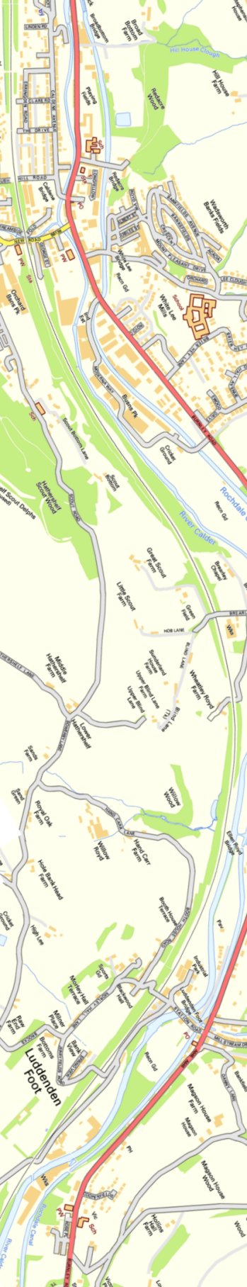 Section from Ordnance Survey OpenSource 2013 showing L&YR railway line from Mytholmroyd to Luddendenfoot