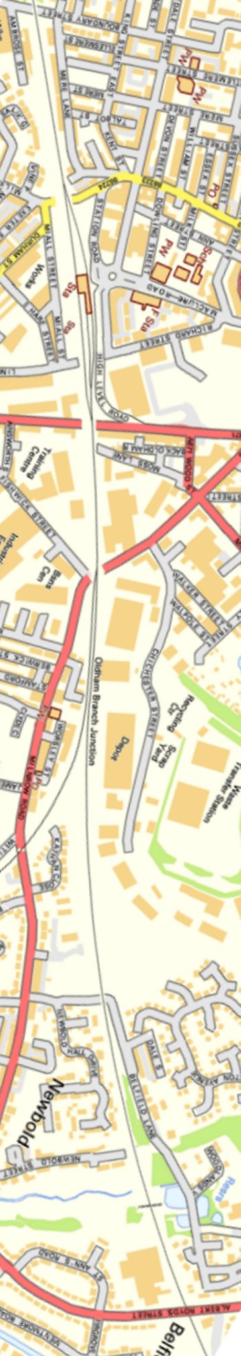 Section from Ordnance Survey OpenSource mapping 2013 showing L&YR railway line at Rochdale Station