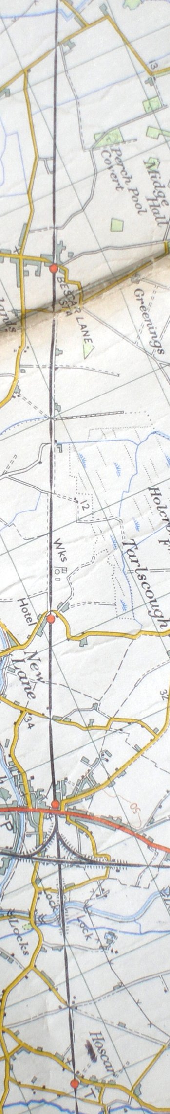 Section from the Ordnance Survey map showing L&YR railway line from Bescar Lane to Burscough Bridge Junction