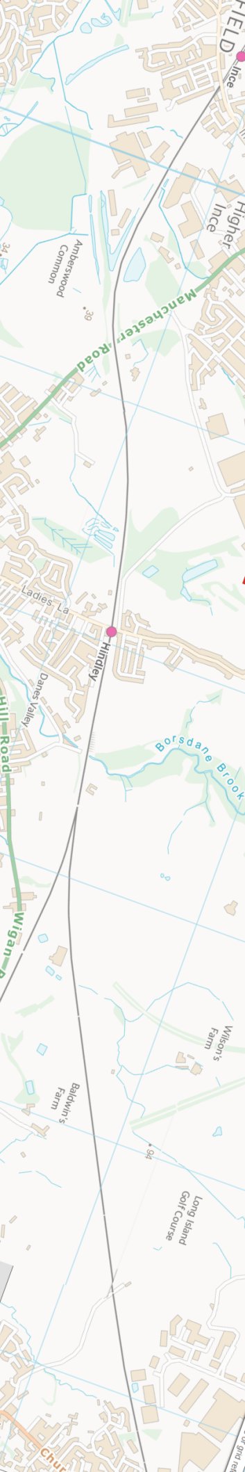 Section from the Ordnance Survey OpenSource mapping 2013 showing L&YR railway line from Ince to Hindley railway station