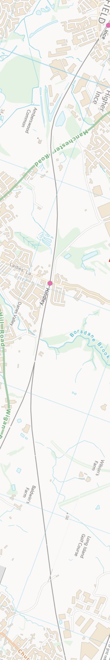 Section from the Ordnance Survey OpenSource mapping 2013 showing L&YR railway line from Ince to Hindley railway station