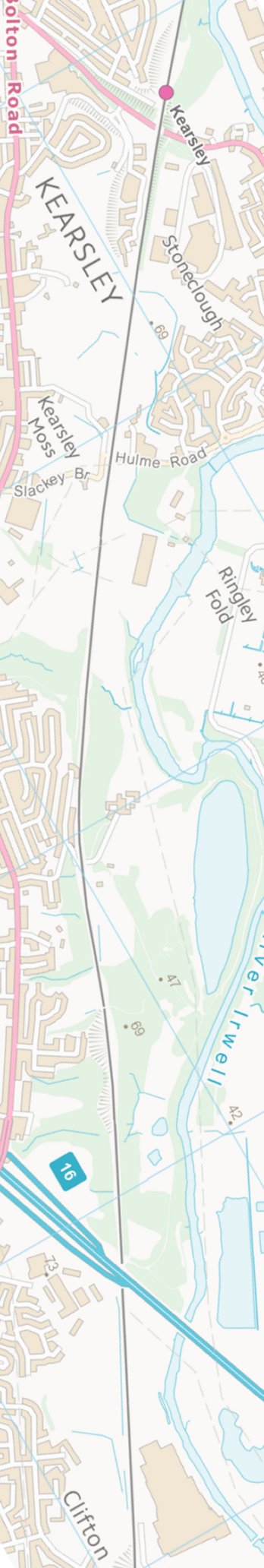 Section from the Ordnance Survey map 1961 showing L&YR railway line from Kearsley to Clifton Junction railway station