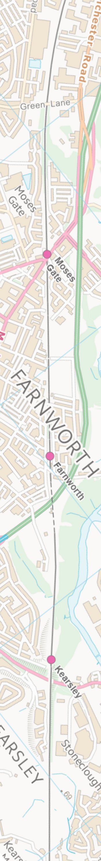 Section from the Ordnance Survey map 1961 showing L&YR railway line from Moses Gate to Farnworth railway station