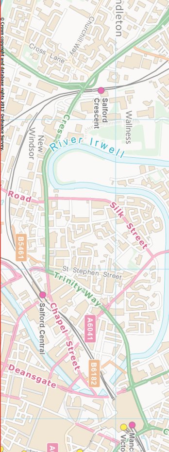 Section from the Ordnance Survey OpenSource map 2013 showing L&YR railway line from Salford to Manchester Victoria railway station